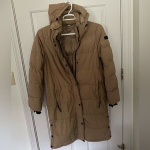BCBG Max Azria Tan Puffer long winter coat w/ detachable hood